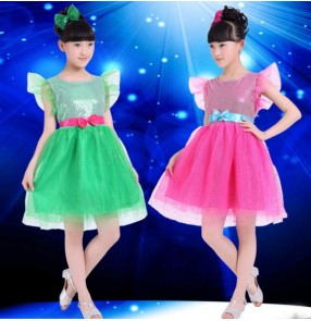 Fuchsia hot pink green sequined girls kids child children kindergarten modern dance princess jazz dance show school play performance dresses with sahes